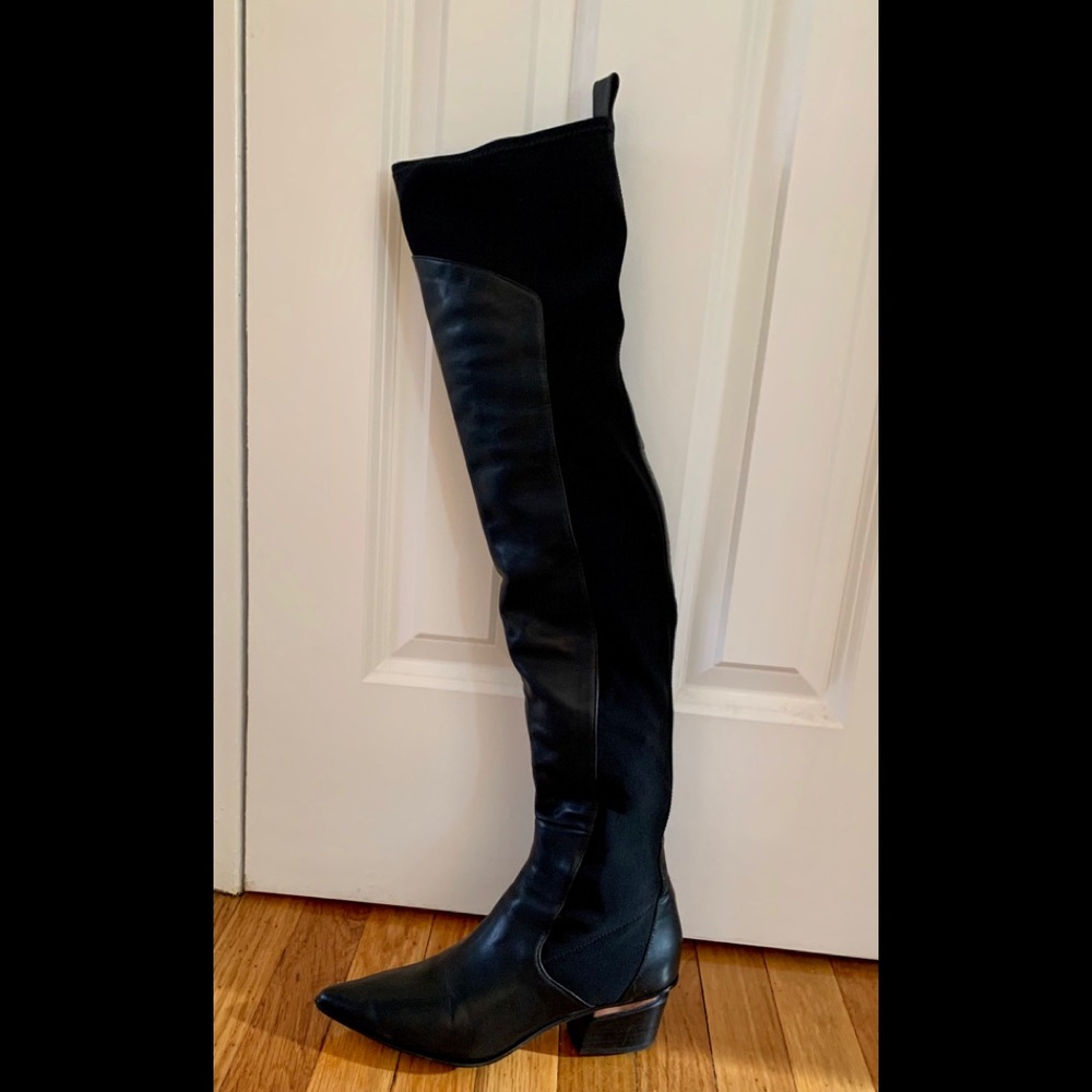 DONNA KARAN THIGH HIGH BOOT SHEER MESH INSERTS GOLD ACCENT HEEL SIZE 8.5
